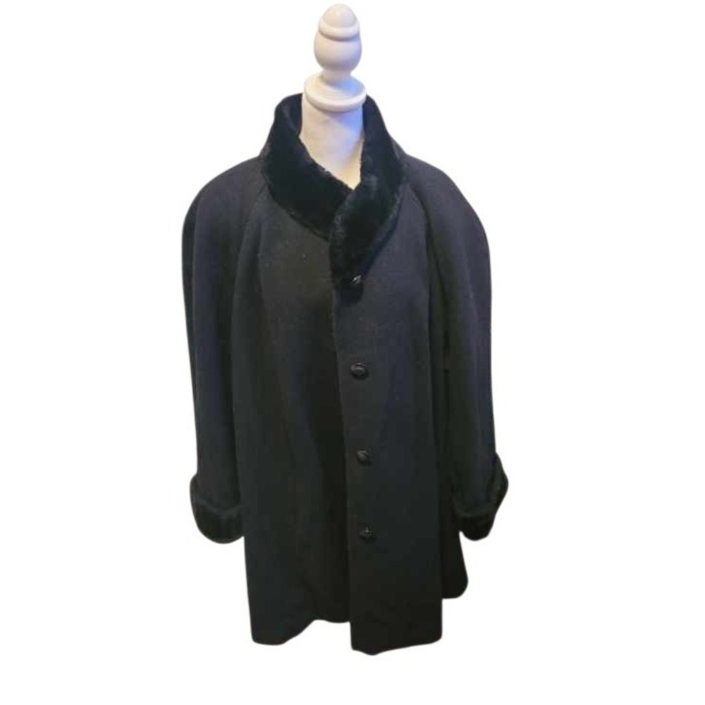Kathryn Deene Vintage Wool‎ USA Made Black Coat Faux Fur Trim Women's Size 26/28